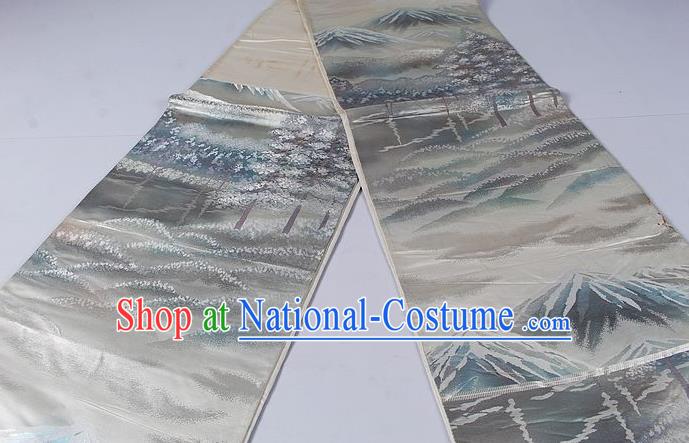 Asian Japanese Classical Landscape Pattern Grey Brocade Waistband Kimono Accessories Traditional Yukata Belt for Women