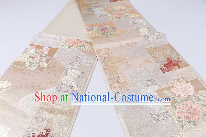 Asian Japanese Classical Peony Pattern Pink Brocade Waistband Kimono Accessories Traditional Yukata Belt for Women