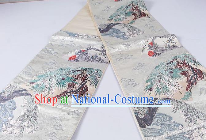 Asian Japanese Classical Pine Pattern White Brocade Waistband Kimono Accessories Traditional Yukata Belt for Women