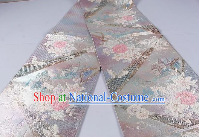 Asian Japanese Classical Peony Pattern Grey Brocade Waistband Kimono Accessories Traditional Yukata Belt for Women