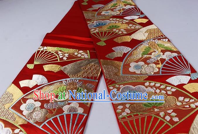 Asian Japanese Classical Crane Fan Pattern Red Brocade Waistband Kimono Accessories Traditional Yukata Belt for Women