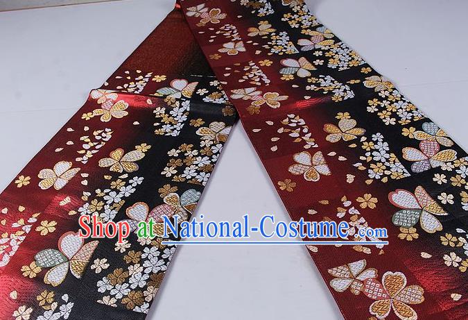 Asian Japanese Classical Sakura Pattern Purplish Red Brocade Waistband Kimono Accessories Traditional Yukata Belt for Women