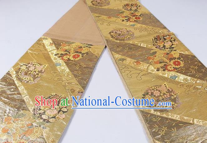 Asian Japanese Classical Flower Butterfly Pattern Golden Brocade Waistband Kimono Accessories Traditional Yukata Belt for Women