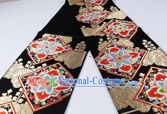 Asian Japanese Classical Flowers Pattern Black Brocade Waistband Kimono Accessories Traditional Yukata Belt for Women