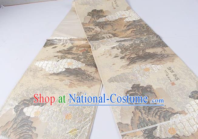 Asian Japanese Classical Landscape Pattern Khaki Brocade Waistband Kimono Accessories Traditional Yukata Belt for Women