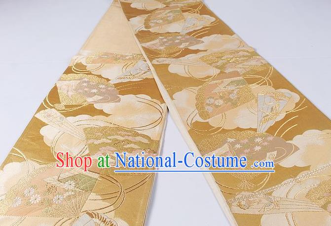 Asian Japanese Classical Maple Leaf Fan Pattern Golden Brocade Waistband Kimono Accessories Traditional Yukata Belt for Women