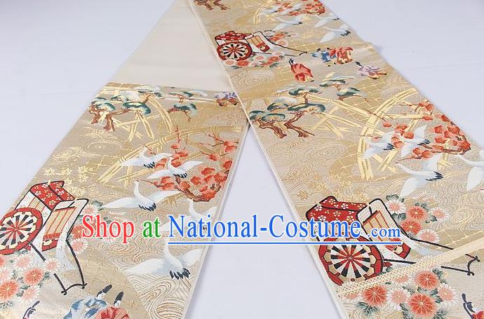 Asian Japanese Classical Crane Plum Pattern Golden Brocade Waistband Kimono Accessories Traditional Yukata Belt for Women