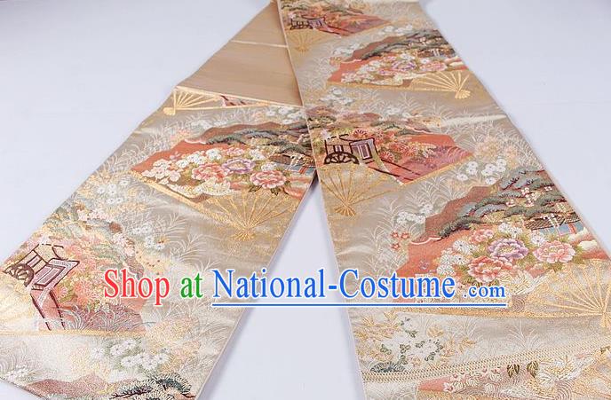 Asian Japanese Classical Peony Fan Pattern Champagne Brocade Waistband Kimono Accessories Traditional Yukata Belt for Women