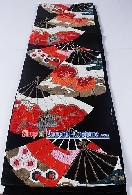 Asian Japanese Yukata Accessories Classical Fan Pattern Black Brocade Belt Japan Traditional Kimono Waistband for Women