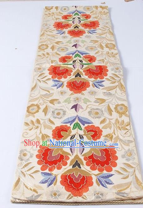 Asian Japanese Yukata Accessories Classical Peony Pattern Beige Brocade Belt Japan Traditional Kimono Waistband for Women