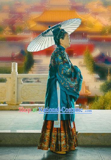 Chinese Ancient Ming Dynasty Palace Queen Blue Hanfu Dress Traditional Empress Dowager Embroidered Replica Costume for Women