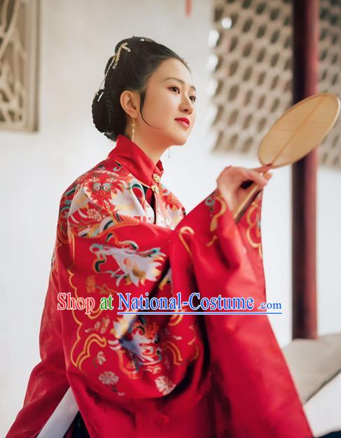 Chinese Ancient Ming Dynasty Court Wedding Red Hanfu Dress Traditional Empress Embroidered Replica Costume for Women