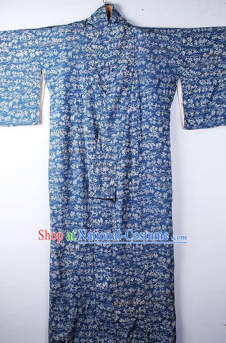 Asian Japanese Ceremony Clothing Classical Primrose Pattern Blue Kimono Traditional Japan National Yukata Costume for Men