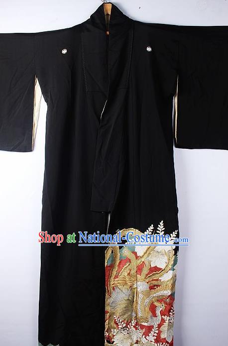 Asian Japanese Ceremony Clothing Classical Phoenix Pattern Black Kimono Traditional Japan National Yukata Costume for Men