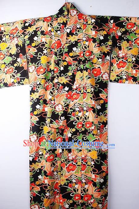 Asian Japanese Ceremony Clothing Classical Flowers Pattern Black Kimono Traditional Japan National Yukata Costume for Men