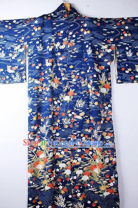 Asian Japanese Ceremony Clothing Classical Flowers Pattern Royalblue Kimono Traditional Japan National Yukata Costume for Men