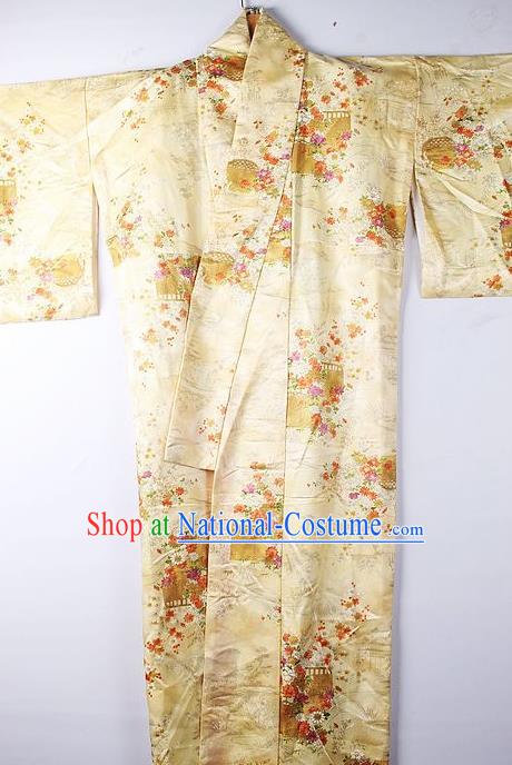 Asian Japanese National Printing Daisy Yellow Furisode Kimono Ceremony Costume Traditional Japan Yukata Dress for Women