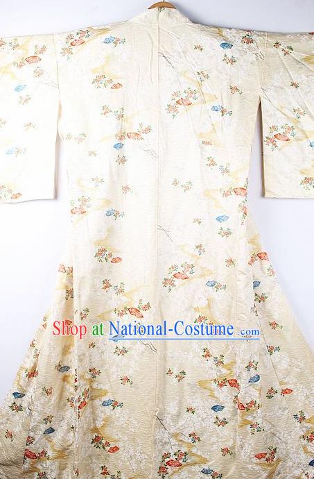 Asian Japanese National Printing Beige Furisode Kimono Ceremony Costume Traditional Japan Yukata Dress for Women