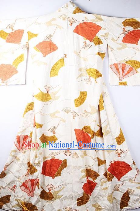 Asian Japanese National Printing Fan White Furisode Kimono Ceremony Costume Traditional Japan Yukata Dress for Women