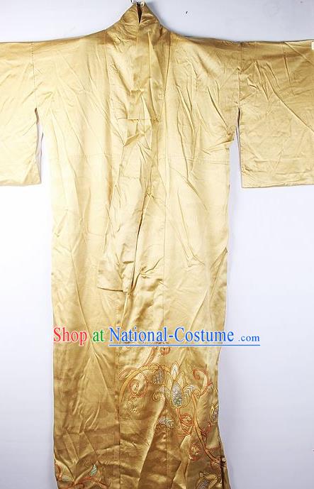 Asian Japanese National Golden Furisode Kimono Ceremony Costume Traditional Japan Yukata Dress for Women