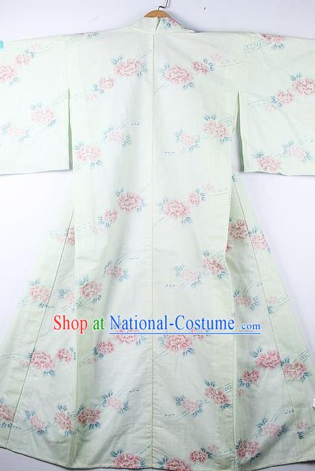 Asian Japanese Printing Peony Green Furisode Kimono Ceremony Costume Traditional Japan Yukata Dress for Women