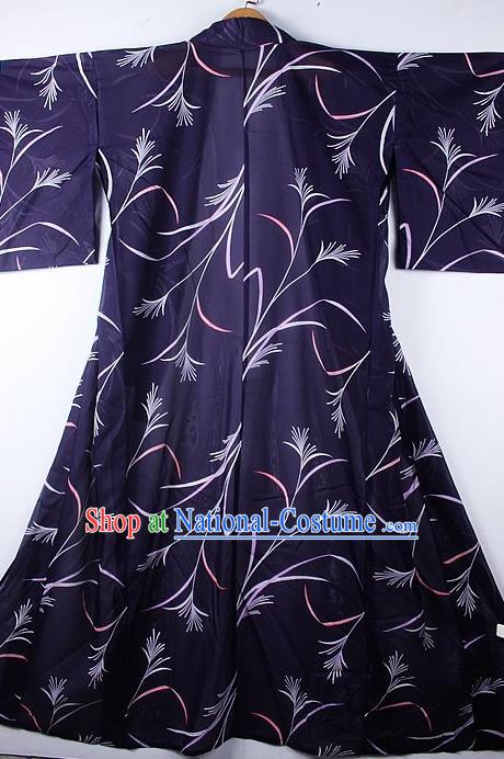 Asian Japanese Clothing Classical Grass Pattern Purple Kimono Traditional Japan National Yukata Costume for Men