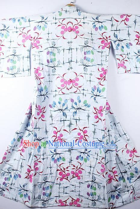 Asian Japanese Printing Cherry White Furisode Kimono Ceremony Costume Traditional Japan Yukata Dress for Women