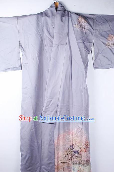 Asian Japanese National Iromuji Printing Lilac Furisode Kimono Ceremony Costume Traditional Japan Yukata Dress for Women