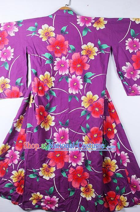 Asian Japanese Classical Hibiscus Pattern Purple Furisode Kimono Ceremony Costume Traditional Japan Yukata Dress for Women