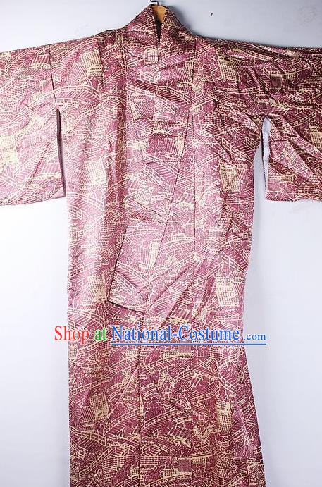 Asian Japanese National Iromuji Printing Wine Red Furisode Kimono Ceremony Costume Traditional Japan Yukata Dress for Women