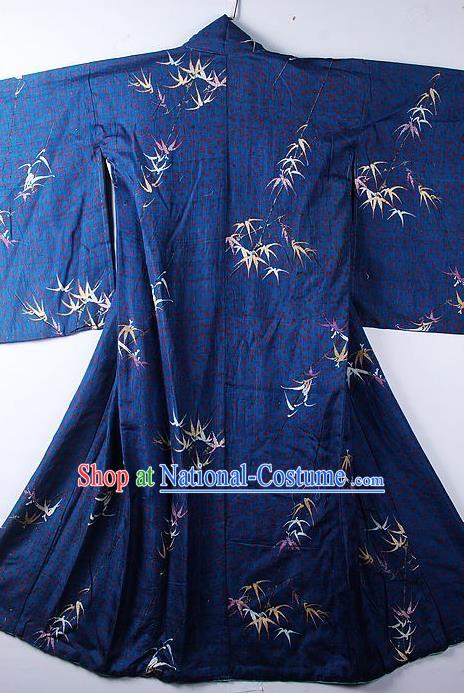 Asian Japanese Classical Bamboo Leaf Pattern Deep Blue Yukata Traditional Japan Kimono Costume for Men