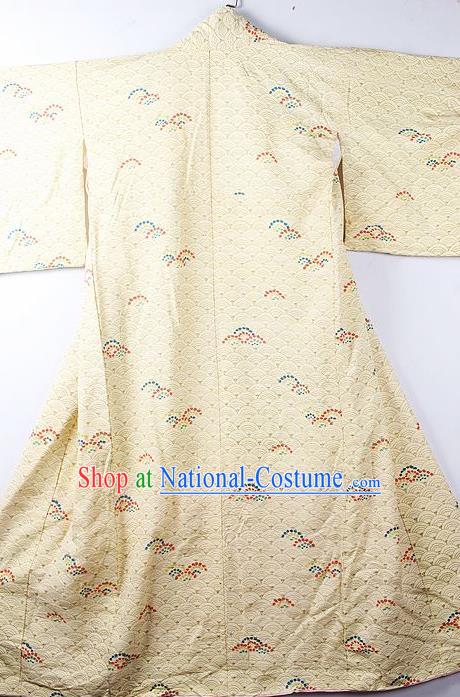 Asian Japanese Classical Fireworks Pattern Yellow Furisode Kimono Ceremony Costume Traditional Japan Yukata Dress for Women