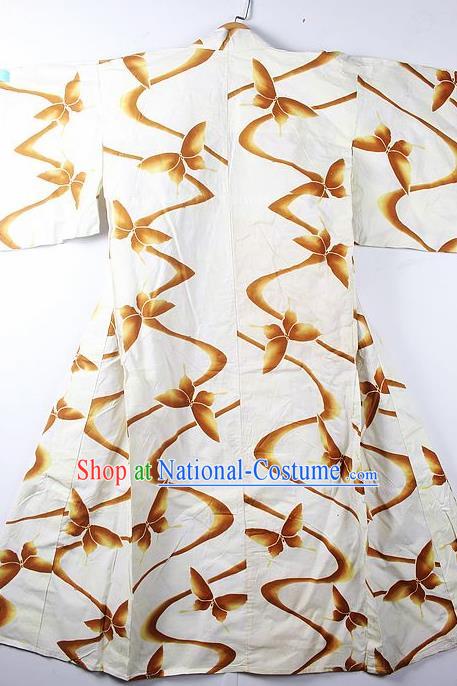 Asian Japanese Classical Butterfly Pattern White Furisode Kimono Ceremony Costume Traditional Japan Yukata Dress for Women