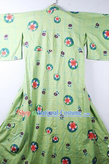 Asian Japanese Classical Sakura Pattern Green Furisode Kimono Ceremony Costume Traditional Japan Yukata Dress for Women