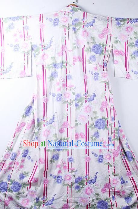 Asian Japanese Classical Roses Pattern White Furisode Kimono Ceremony Costume Traditional Japan Yukata Dress for Women