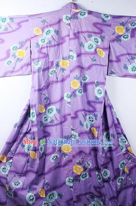 Asian Japanese Classical Petunia Pattern Purple Furisode Kimono Ceremony Costume Traditional Japan Yukata Dress for Women