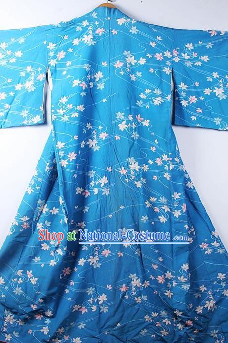 Asian Japanese Classical Leaf Pattern Blue Furisode Kimono Ceremony Costume Traditional Japan Yukata Dress for Women