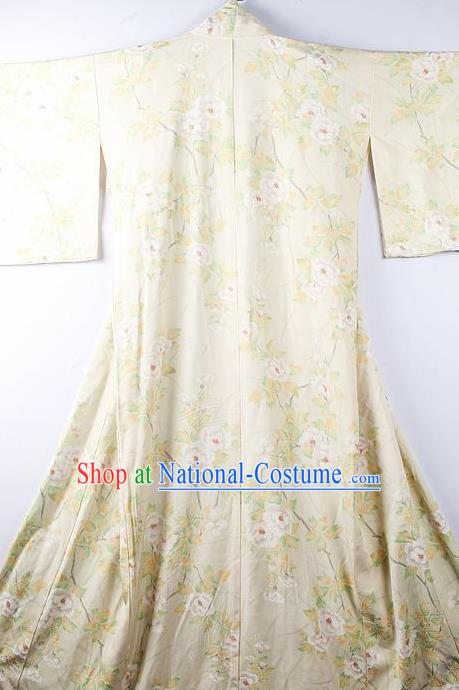 Asian Japanese National Iromuji Printing Camellia Beige Furisode Kimono Ceremony Costume Traditional Japan Yukata Dress for Women