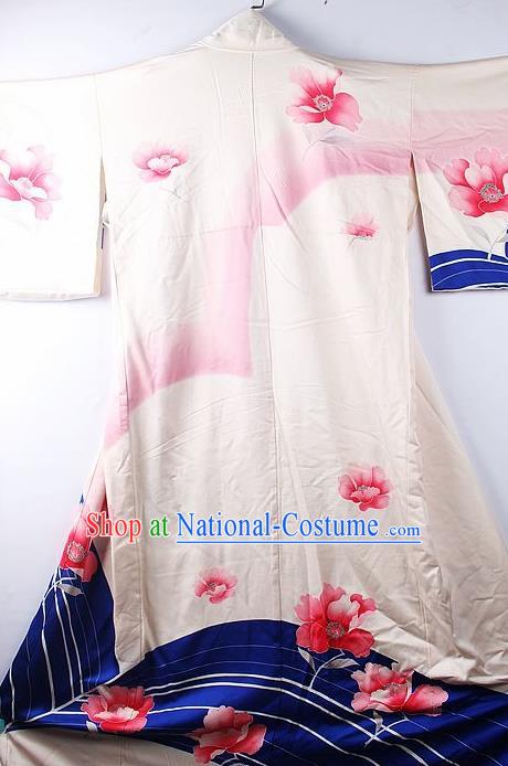 Asian Japanese National Iromuji Printing Peony White Furisode Kimono Ceremony Costume Traditional Japan Yukata Dress for Women