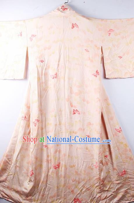 Asian Japanese National Iromuji Printing Butterfly Pink Furisode Kimono Ceremony Costume Traditional Japan Yukata Dress for Women