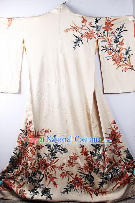 Asian Japanese National Iromuji Printing Beige Furisode Kimono Ceremony Costume Traditional Japan Yukata Dress for Women