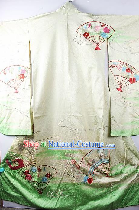 Asian Japanese Printing Fan Green Iromuji Furisode Kimono Ceremony Costume Traditional Japan Yukata Dress for Women