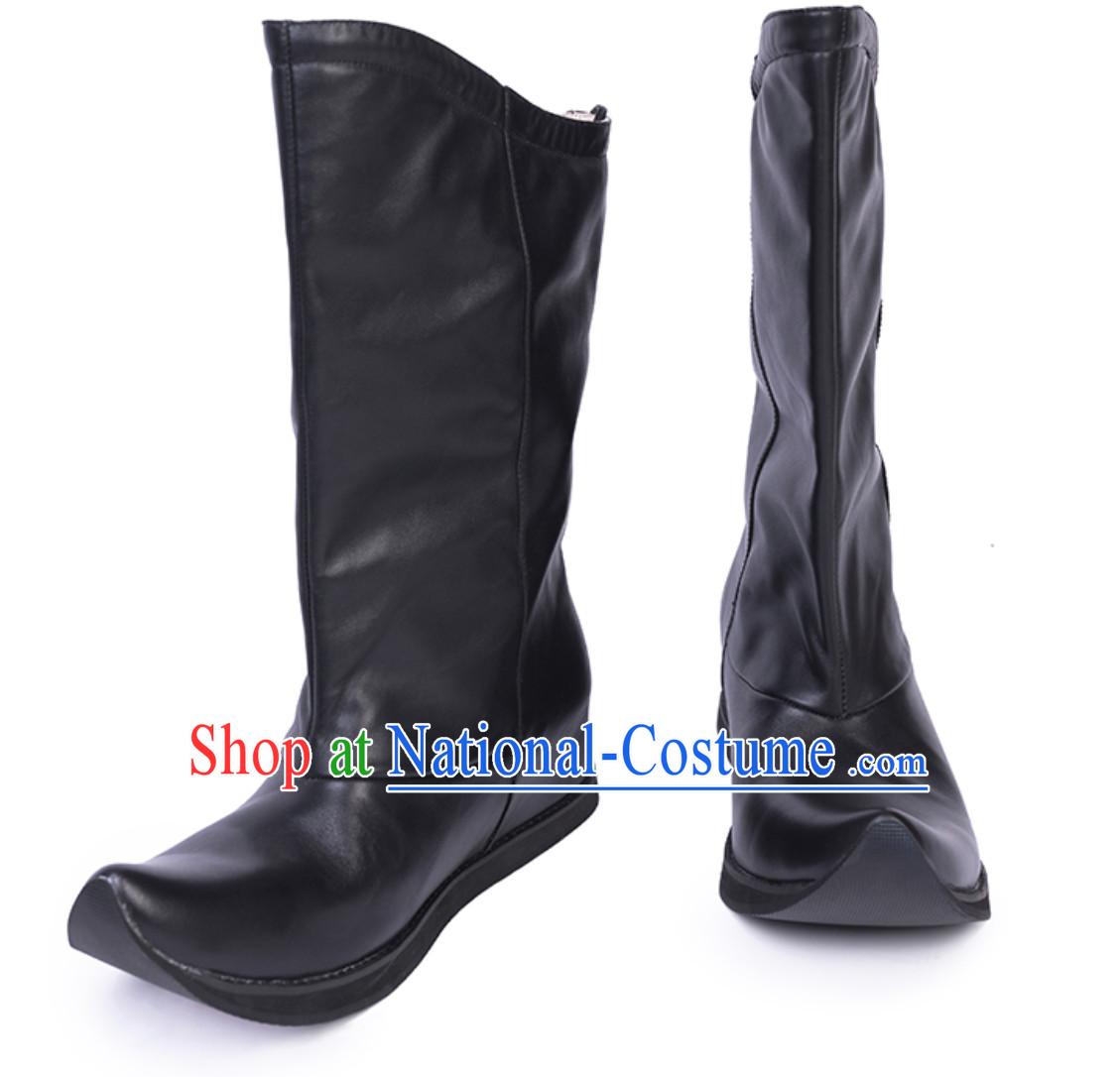 Ancient Chinese Style Long Black Leather Boots