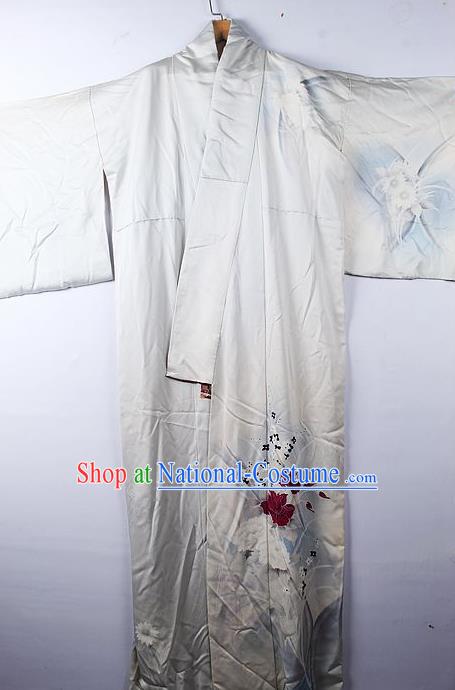 Asian Japanese Palace Classical Peony Pattern White Furisode Kimono Ceremony Costume Traditional Japan Yukata Dress for Women