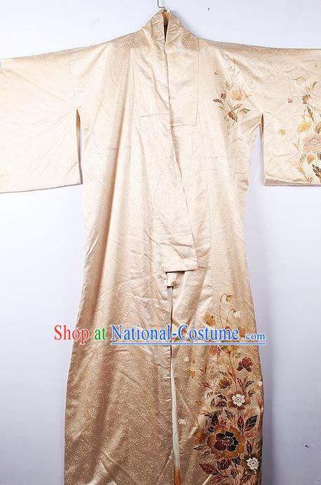 Asian Japanese Palace Hibiscus Pattern Golden Furisode Kimono Traditional Japan Yukata Dress for Women