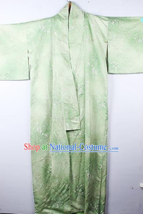 Asian Japanese Palace Pattern Green Furisode Kimono Traditional Japan Yukata Dress for Women