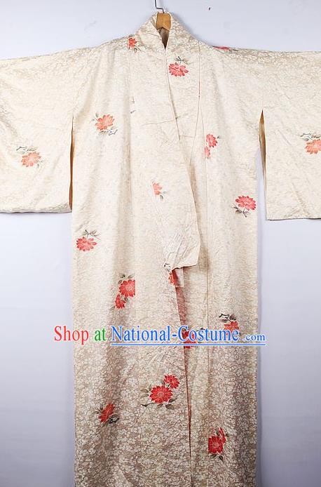 Asian Japanese Palace Red Flowers Pattern Furisode Kimono Traditional Japan Yukata Dress for Women