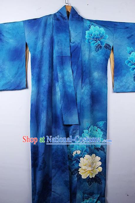 Asian Japanese Palace Peony Pattern Deep Blue Furisode Kimono Traditional Japan Yukata Dress for Women