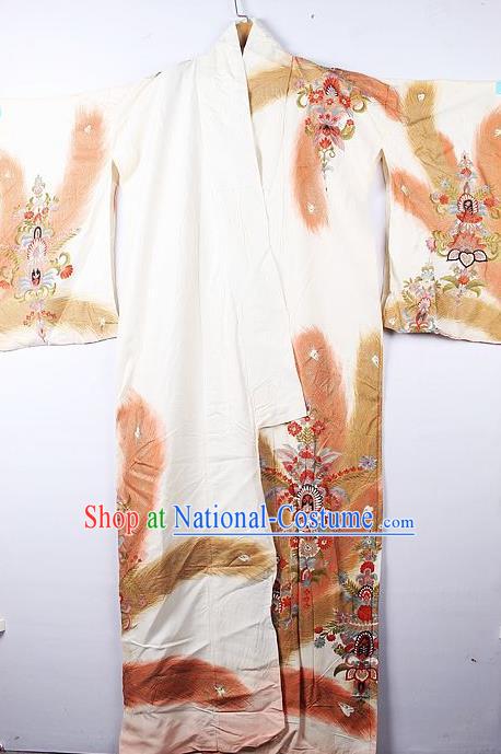 Asian Japanese Palace Feather Pattern White Furisode Kimono Traditional Japan Yukata Dress for Women