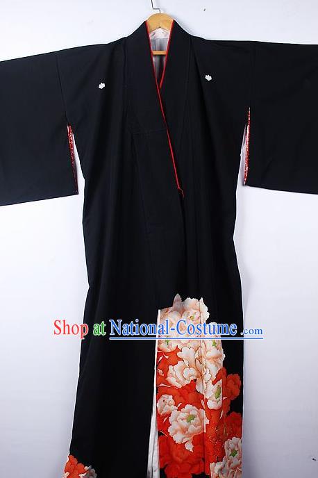 Asian Japanese Palace Peony Pattern Black Furisode Kimono Traditional Japan Yukata Dress for Women